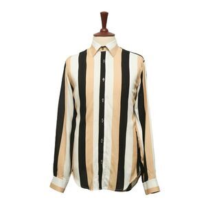 Mens Shirt Button Up Beige Black White Striped Dress Casual Beach Party Medium